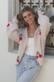 Cherrie Cardigan - Open Front Cherry Print Cardigan with Detatchable Ties in Beige