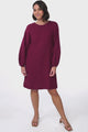 Ivanna Mini Dress - Crew Neck Shift Dress with Balloon Sleeves in Burgundy