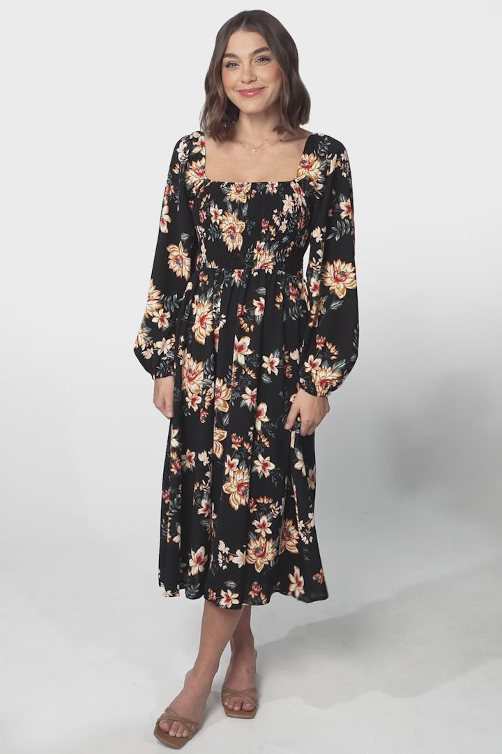 Samera Midi Dress - On or Off Shoulder A Line Dress in Solita Print Navy