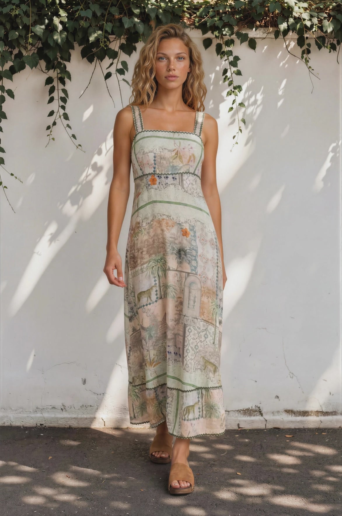 Poppy Maxi Dress - Thick Strap A-Line Sun Dress with Ric Rac Trims in Tempest Print