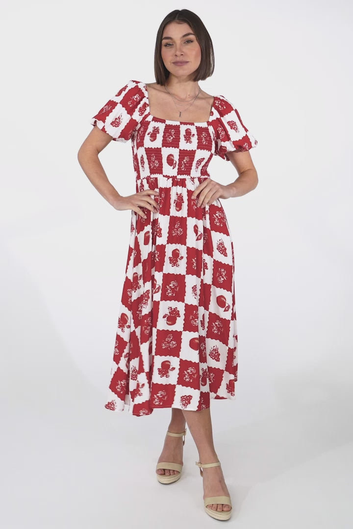 Shira Midi Dress - On Or Off Shoulder Elasticated Bodice Dress With Short Balloon Sleeves In Flux Print Red