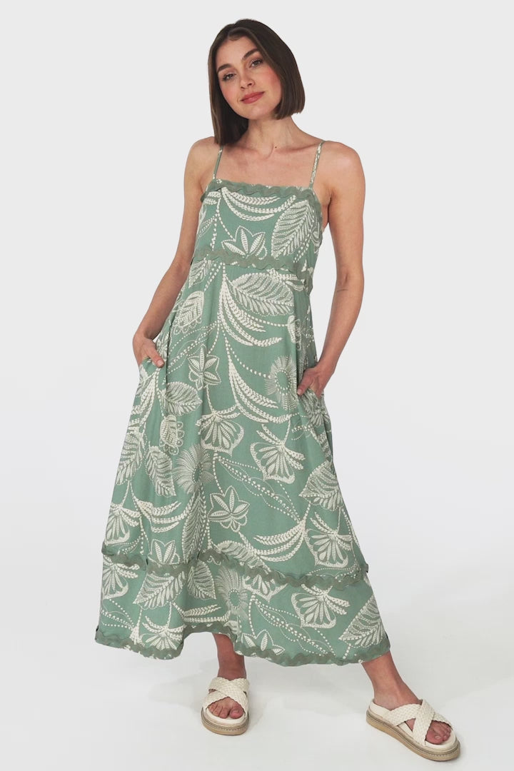 Marlin Midi Dress - Rick Rack Splicing Sun Dress with Adjustable Straps in Havanna Print Green