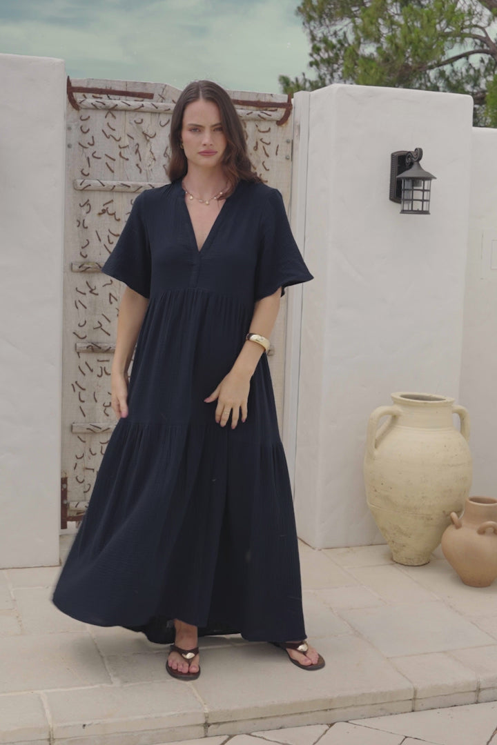 Laysa Maxi Dress - Mandarin Collar Buttoned Bodice Short Sleeve Dress in Navy