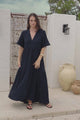 Laysa Maxi Dress - Mandarin Collar Buttoned Bodice Short Sleeve Dress in Navy