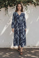 Villia Maxi Dress - V Neck Tiered Dress with Pull Tie Waist and Long Balloon Sleeves in Minka Print Navy