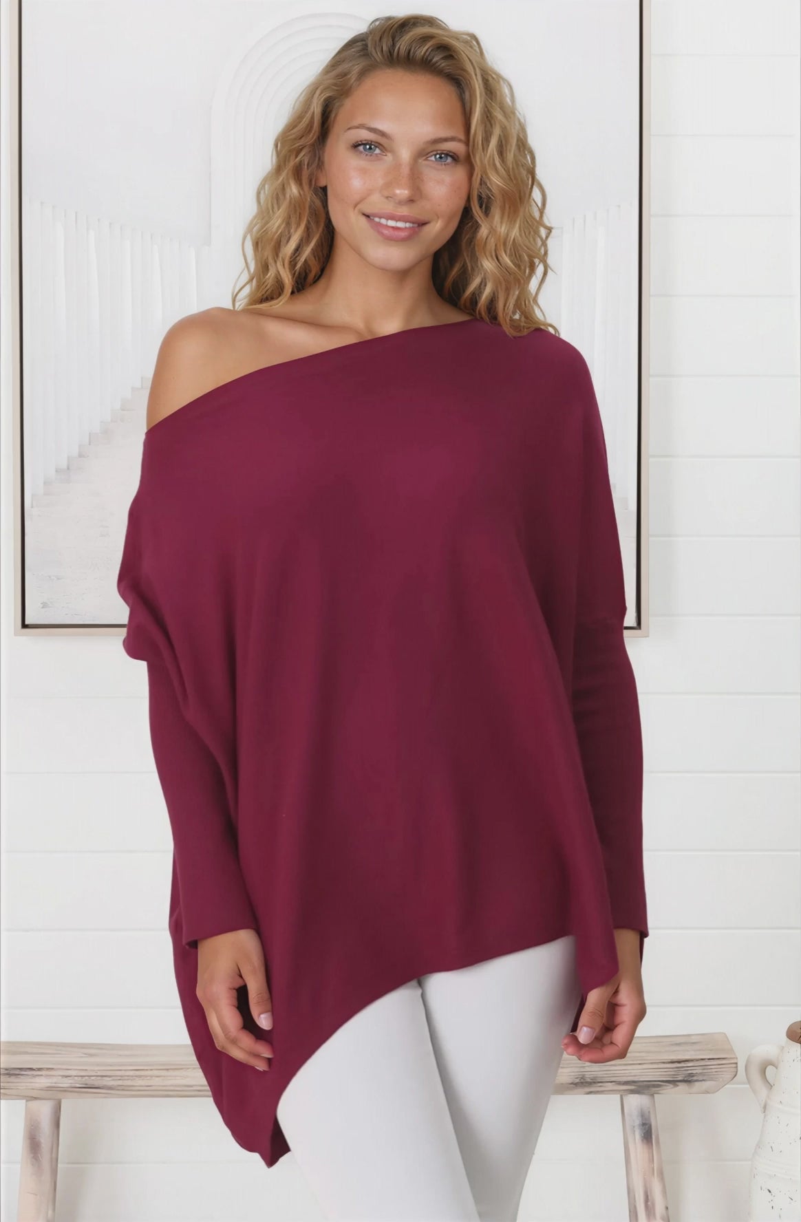 Belinda Knit Top - Boat Neckline Boxy Batwing Top in Burgundy