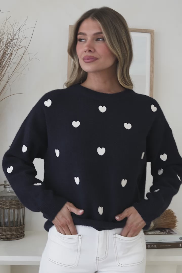 Hartley Jumper - Crew Neck Embroidered Heart Motif Knit in Navy