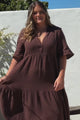 Laysa Maxi Dress - Mandarin Collar Buttoned Bodice Short Sleeve Dress in Chocolate