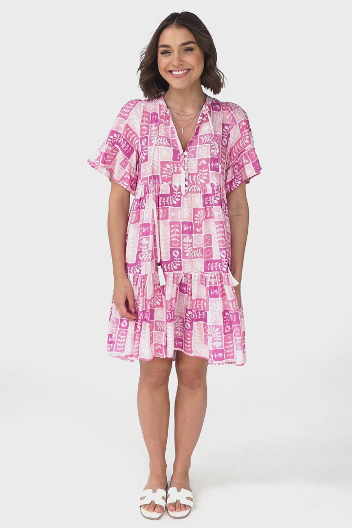 Abilia Mini Dress - Mandarin Collar Smock Dress in Hoku Print Pink