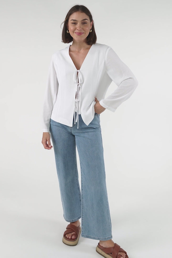 Peyton Top - Linen Tie Down Front Long Sleeve Lined Top in White