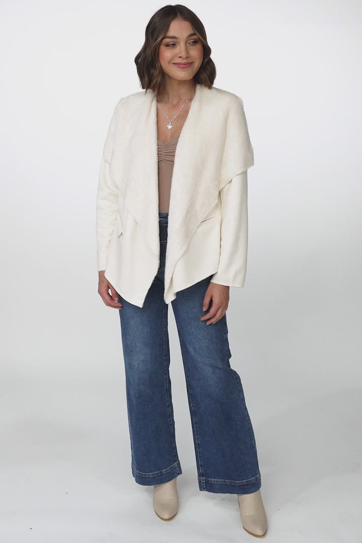 Newton Crop Jacket - Faux Fur Lined Suede-Like Waterfall Jacket in Cream