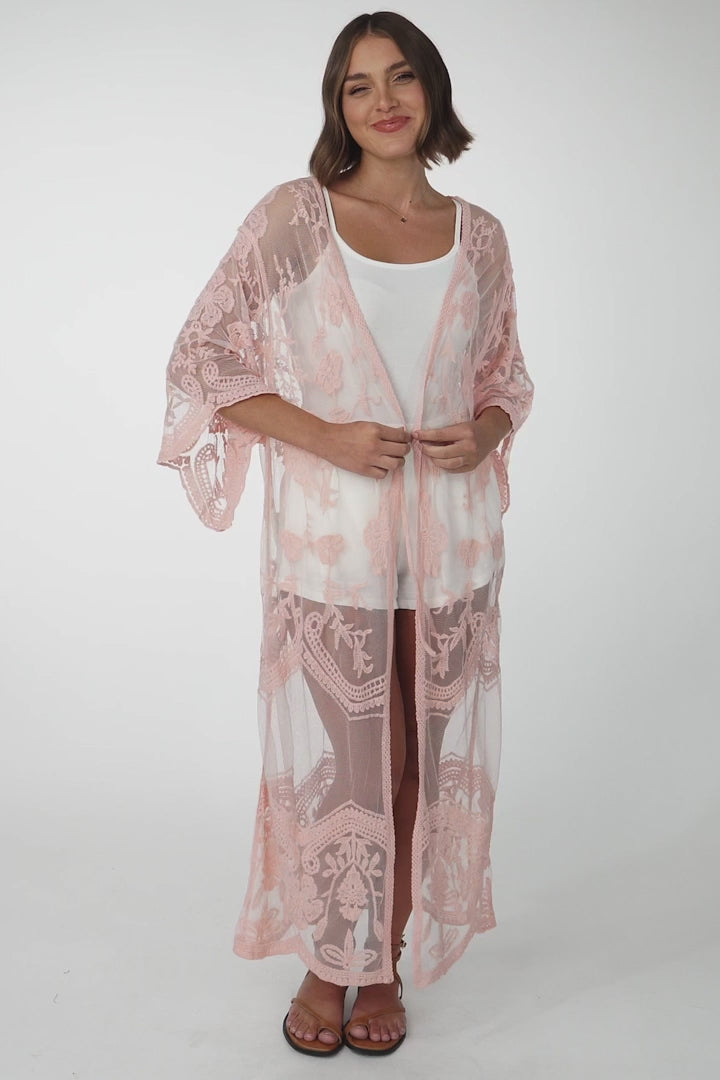 Haylo Kimono - Floral Lace Kimono with Scallop Hemline in Pink