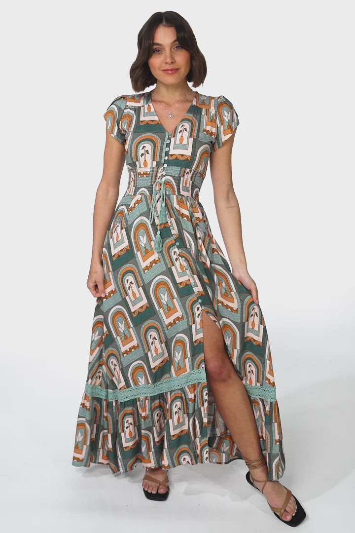 JAASE - Romi Maxi Dress: Button Down Cap Sleeve Dress with Waist Tie in Emerald Arches Print