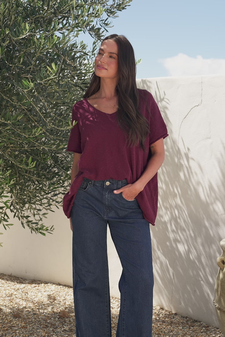 Baha Knit Top - Relaxed V Neck Cotton Knit with Short Sleeves in Wine