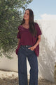 Baha Knit Top - Relaxed V Neck Cotton Knit with Short Sleeves in Wine