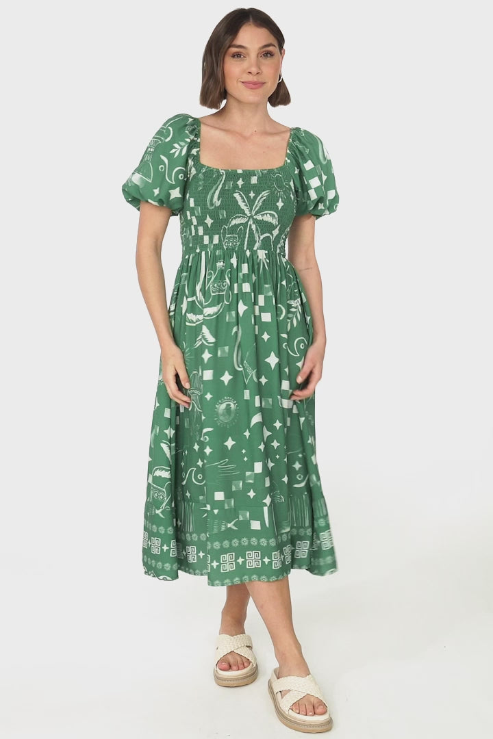 Shira Midi Dress - On Or Off Shoulder Elasticated Bodice Dress With Short Balloon Sleeves In Embry Print Green