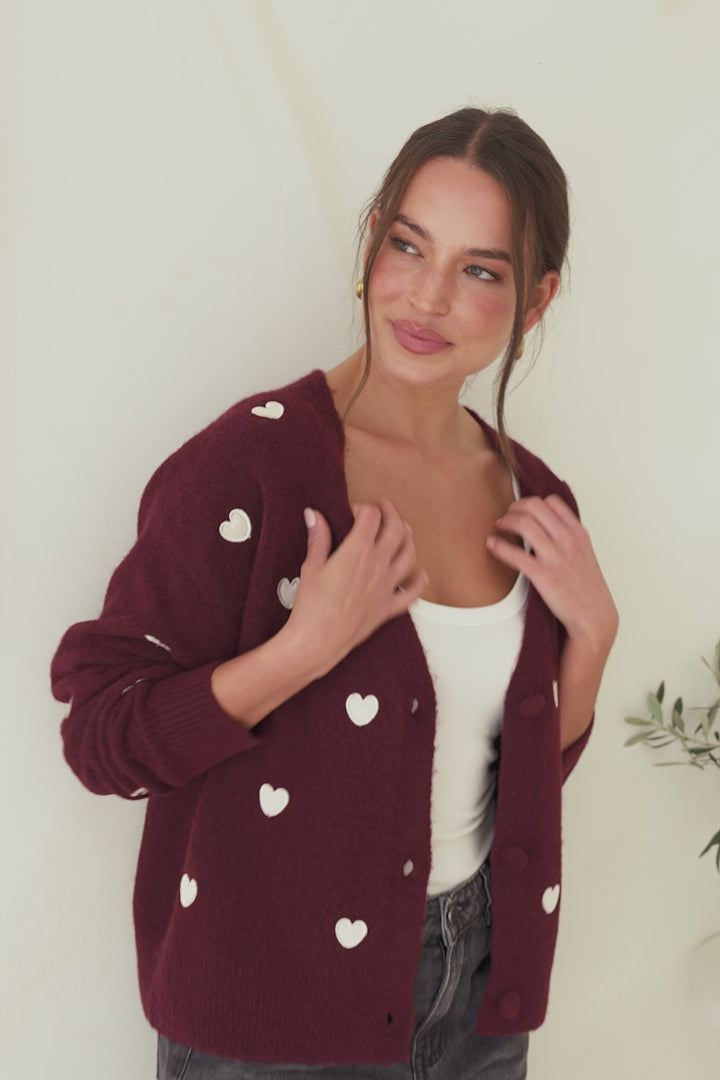 Hartley Cardigan - V Neck Button Front Heart Embroidered Knit with Matching Fabric Buttons in Wine