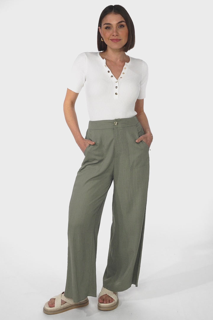 Devira Linen Pants - High Waisted Wide Leg Pant in Khaki