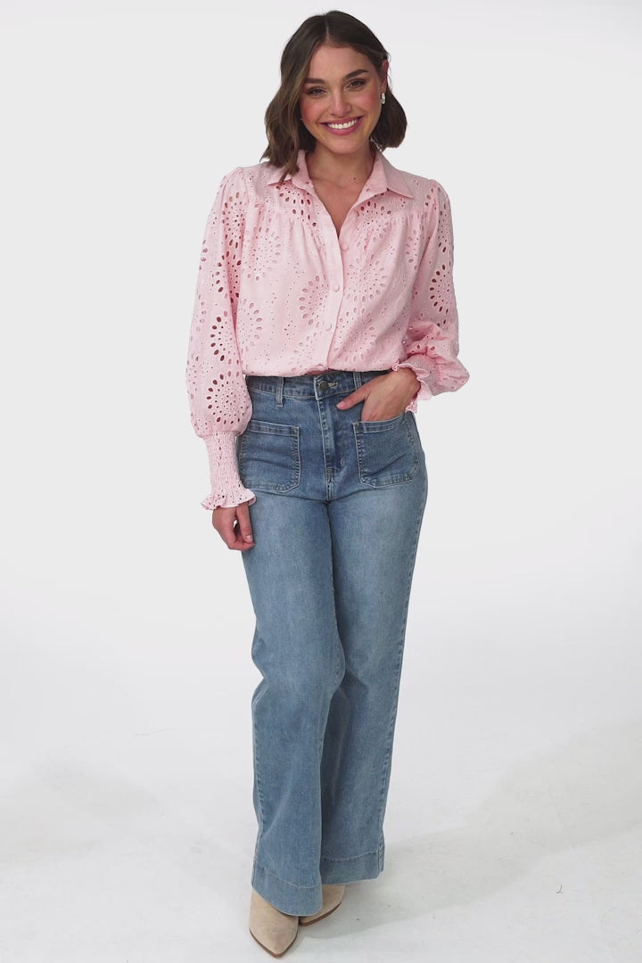 Benton Blouse - Hollow Out Embroidered Button Down Blouse in Pink