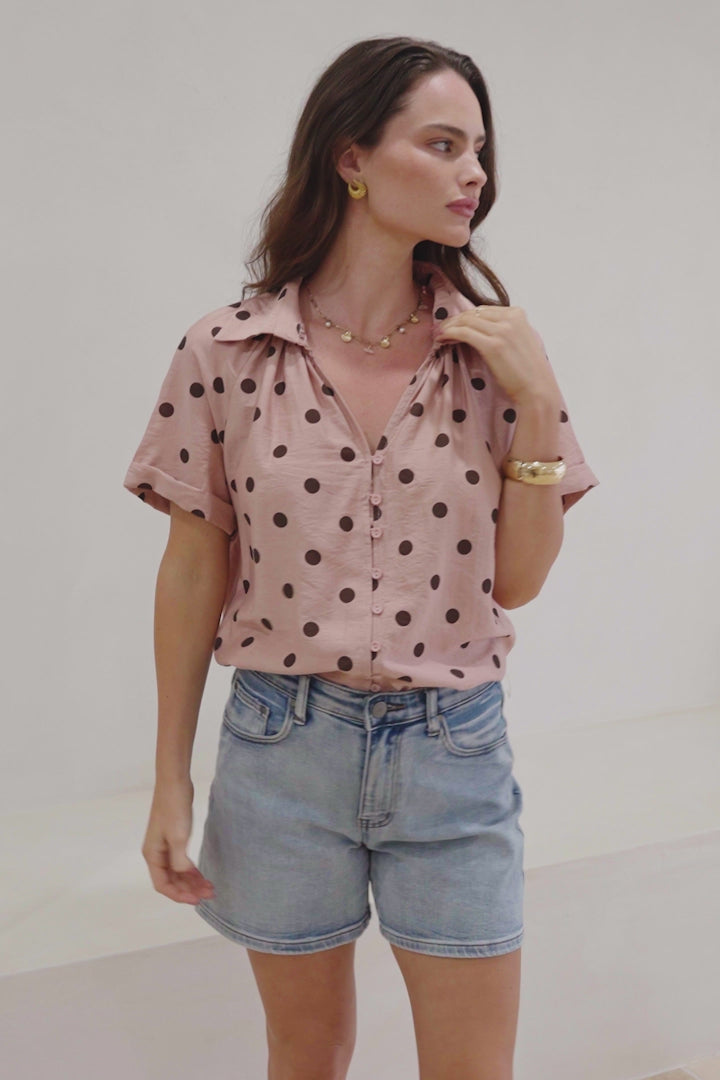 Yohanna Blouse - Collared Button Down in Pacey Spot Pink