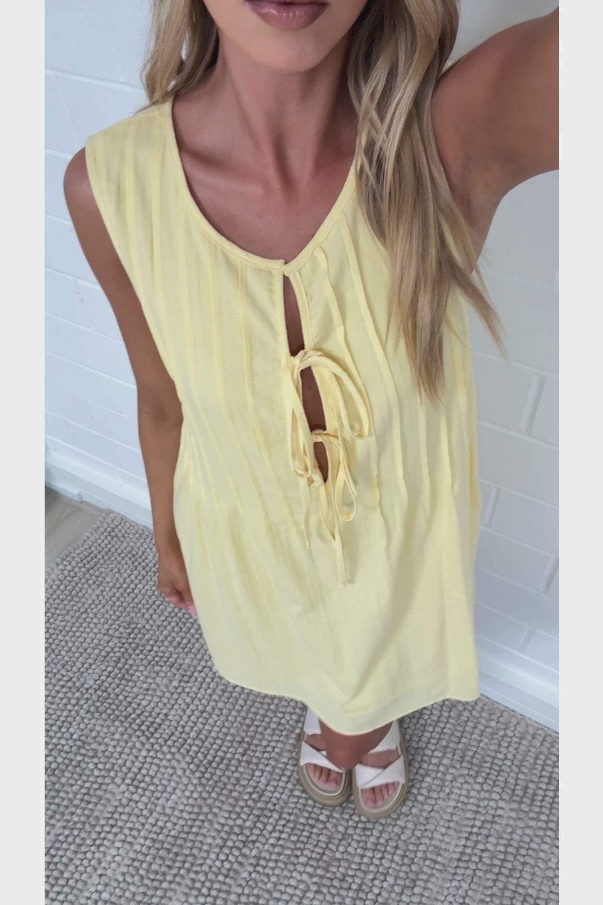 Della Mini Dress - Round Neck Tie Up Bodice Sleeveless Dress in Yellow