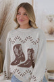 Brandy Jumper - Crew Neck Contrast Cowgirl Boot Motif Knit in Beige