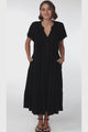 Peggy Midi Dress - Relaxed Mandarin Collar Pleated Bust Tiered Linen Dress in Black