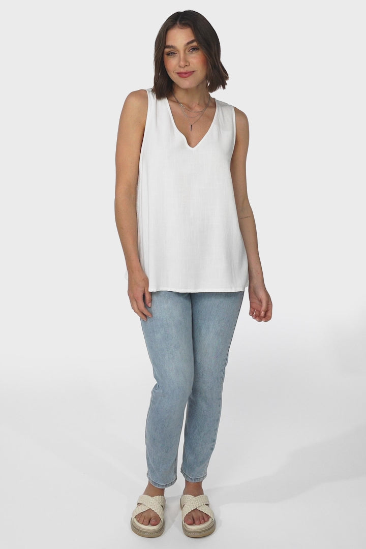 Arlete Top - V Neck Singlet with Lattice Detail Side Seams in White