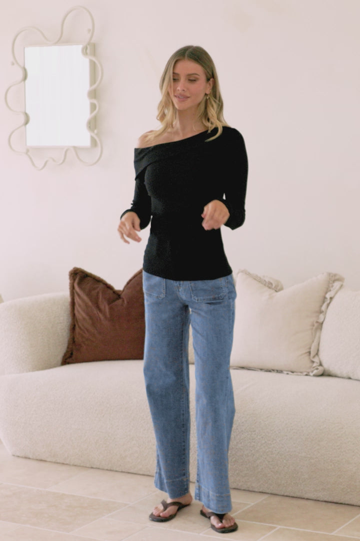 Lissa Top - Folded Asymmetric Neckline Long Sleeve Top in Black