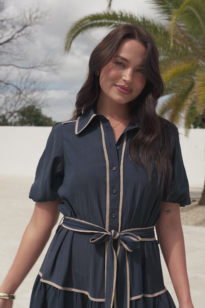 Valencia Maxi Dress - Collared Tiered Button Down Dress with Contrast Trim in Navy