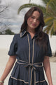 Valencia Maxi Dress - Collared Tiered Button Down Dress with Contrast Trim in Navy