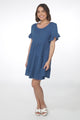 Cora Mini Dress - Cheesecloth Cotton Tiered Smock Dress with Frill Sleeves in Blue