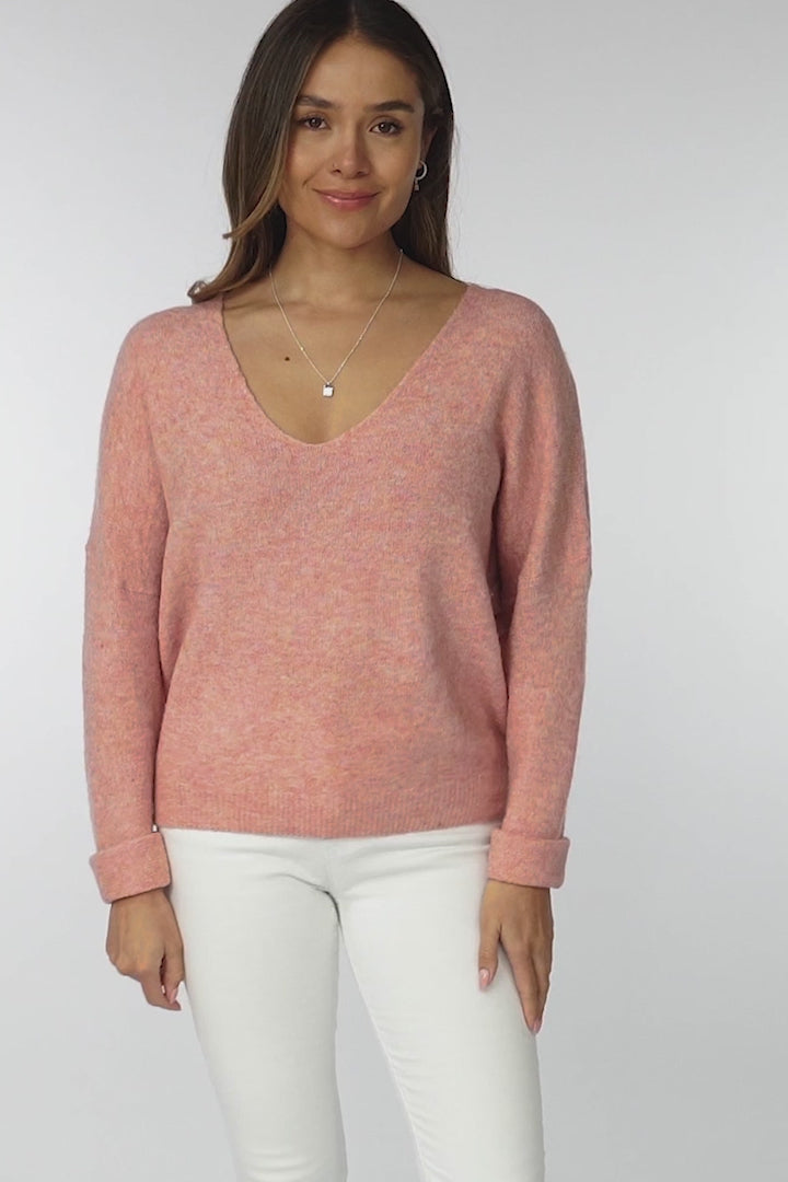 Carol Knit Top - Soft V Neck Batwing Sleeve Knit Top in Coral Pink