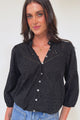 Ardena Blouse - Eyelet Embroidery Cotton Button Down with 3/4 Sleeves in Black