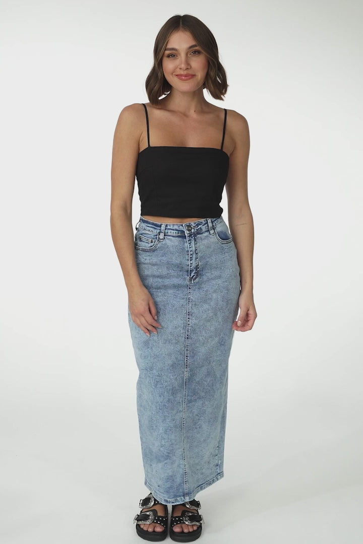 Amelie Denim Midi Skirt - Stretchy High Waisted Acid Wash Skirt with Back Split