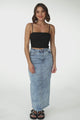 Amelie Denim Midi Skirt - Stretchy High Waisted Acid Wash Skirt with Back Split