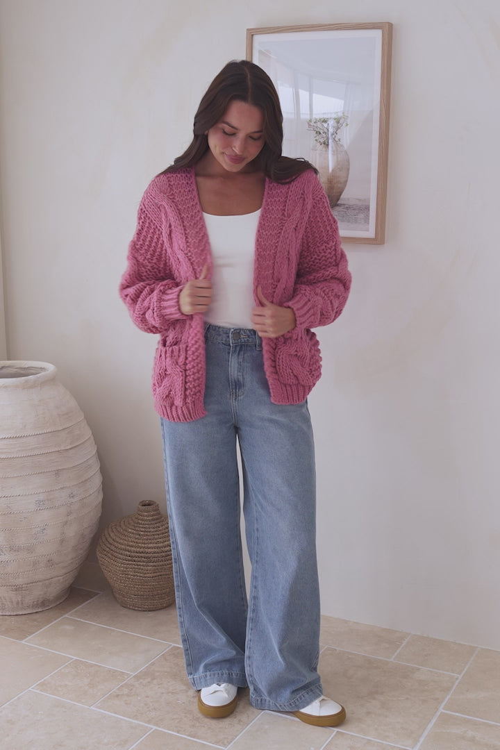 Elias Cardigan - Open Front Thick Cable Knit with Pockets in Pink