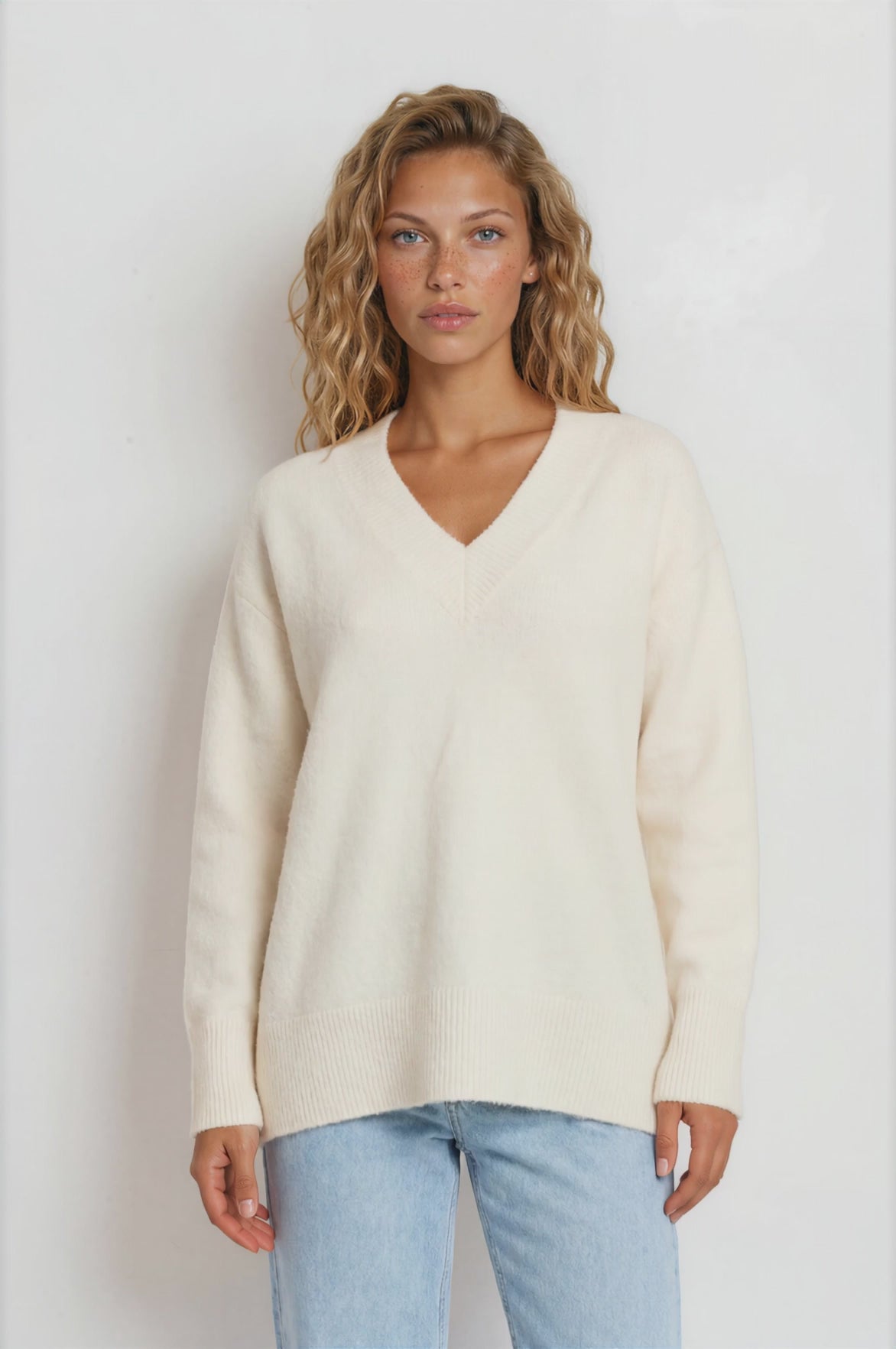 Nikita Jumper - Thick Ribbed V-Neck Knit with Side Split Hemline in White