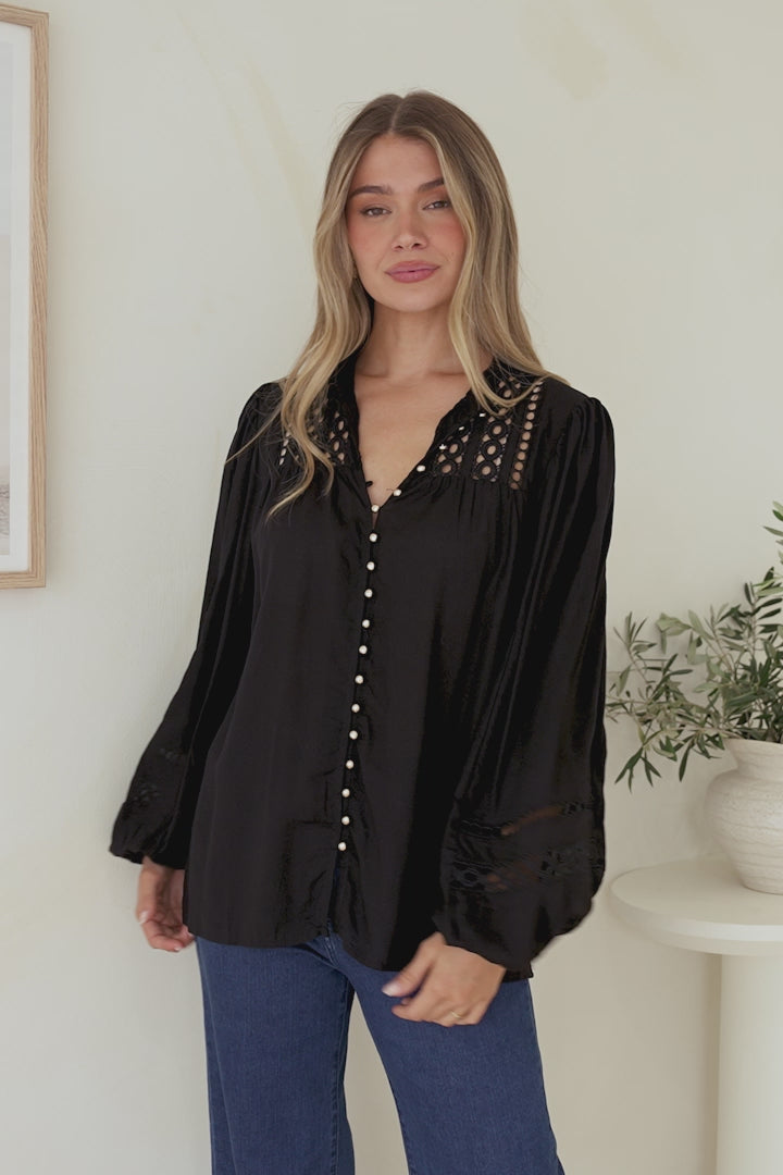 Milano Blouse - Mandarin Collar Button Down with Delicate Lace Cut-Out Detailing in Black