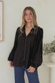 Milano Blouse - Mandarin Collar Button Down with Delicate Lace Cut-Out Detailing in Black