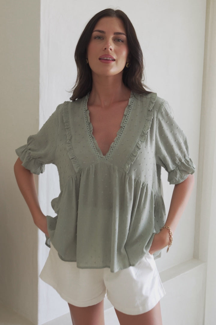 Catha Top - Frill Neckline Empire Bustline Top with Short Balloon Sleeves in Sage
