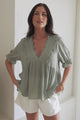 Catha Top - Frill Neckline Empire Bustline Top with Short Balloon Sleeves in Sage