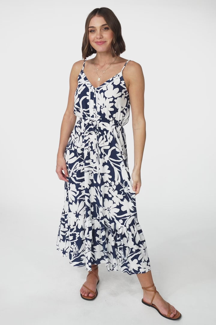 Ansel Midi Dress - Adjustable Strap Sun Dress in Charis Print Blue