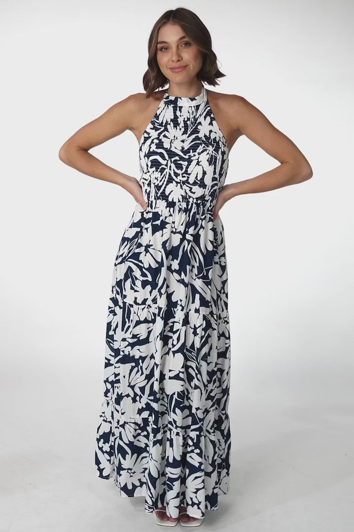 Charis Halter Maxi Dress - Elasticated Bodice Halter A Line Dress in Blue