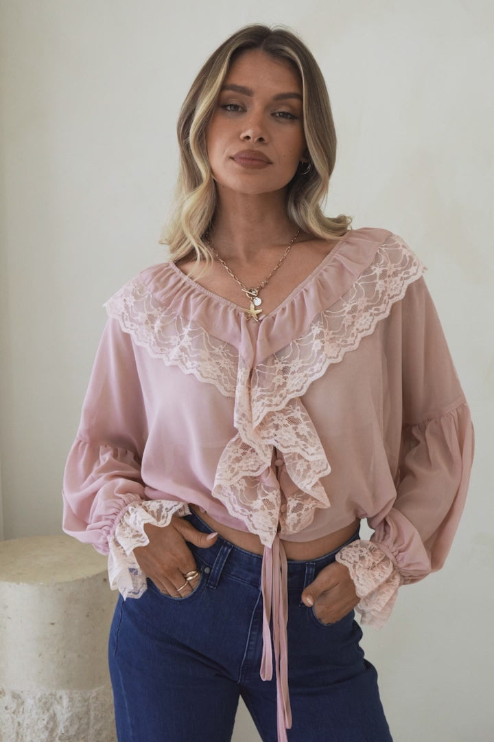 Mallin Blouse - Cascading Ruffles and Lace Crop with Balloon Sleeves in Pink