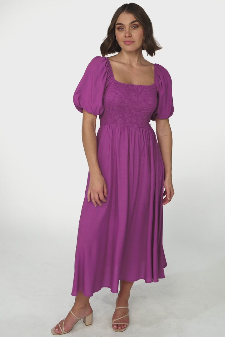 Sitara Midi Dress - On or Off Shoulder Elasticated Bodice Dress with Short Balloon Sleeves in Purple