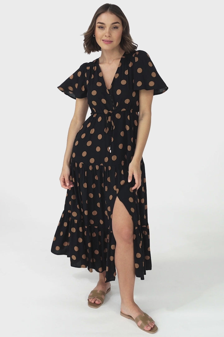 Adhira Maxi Dress - Buttoned Bodice A Line Dress With Flute Sleeves In Mahony Print