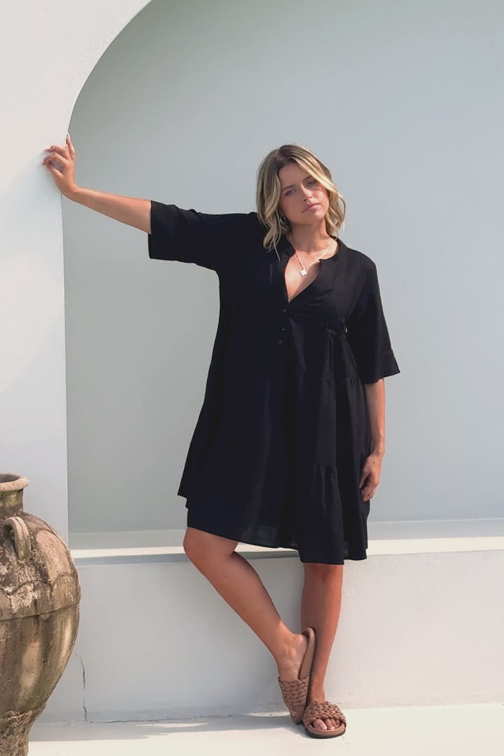 Ayva Mini Dress - 3/4 Sleeve Tiered Smock Dress in Black