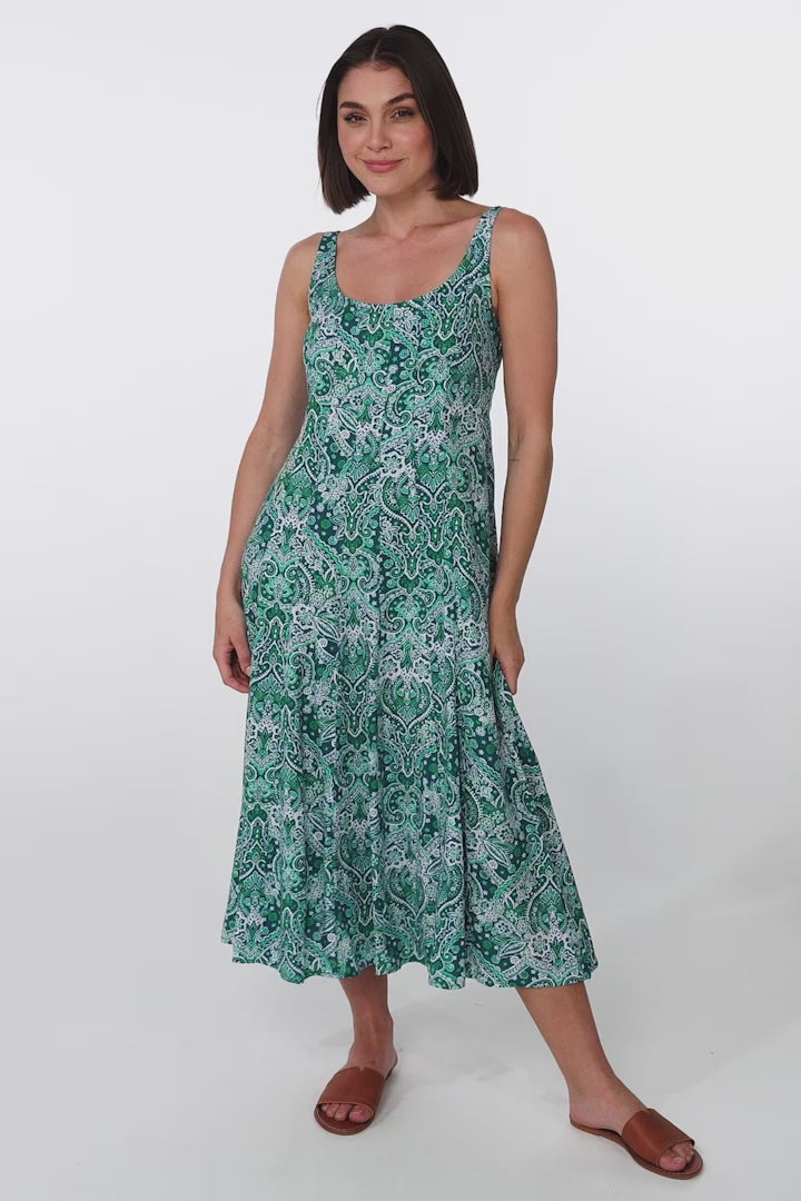 Truely Midi Dress - Scoop Neck Sun Dress with Adjustable Straps in Scala Print Green