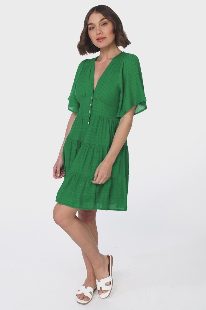 Aalia Mini Dress - Short Cape Sleeve Button Down V-Neck Dress in Green